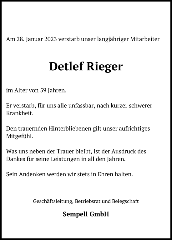 Anzeige von Detlef  Rieger von Kölner Stadt-Anzeiger / Kölnische Rundschau / Express