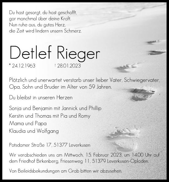 Anzeige von Detlef  Rieger von Kölner Stadt-Anzeiger / Kölnische Rundschau / Express