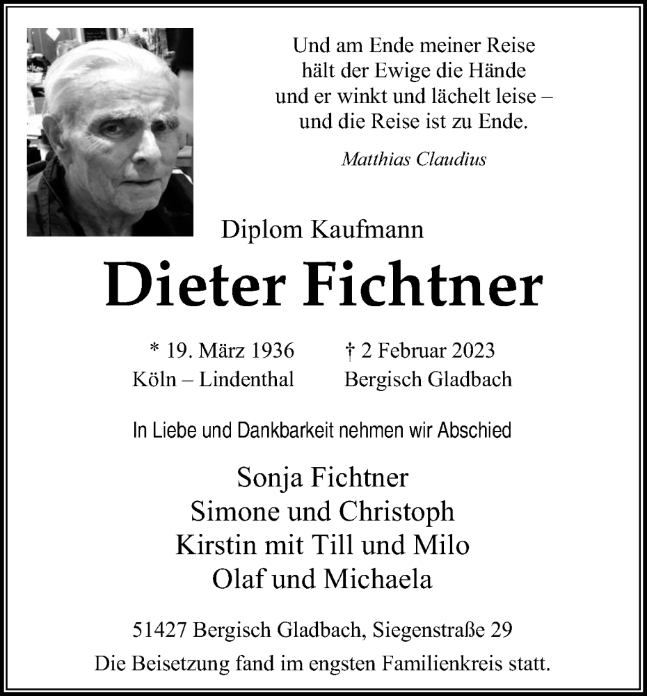  Traueranzeige für Dieter Fichtner vom 18.02.2023 aus Kölner Stadt-Anzeiger / Kölnische Rundschau / Express