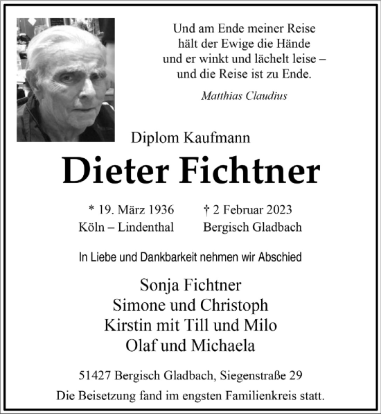 Anzeige von Dieter Fichtner von  Bergisches Handelsblatt 