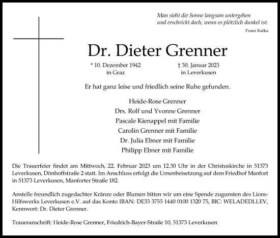 Anzeige von Dieter Grenner von Kölner Stadt-Anzeiger / Kölnische Rundschau / Express