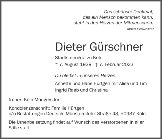 Anzeige von Dieter Gürschner von Kölner Stadt-Anzeiger / Kölnische Rundschau / Express
