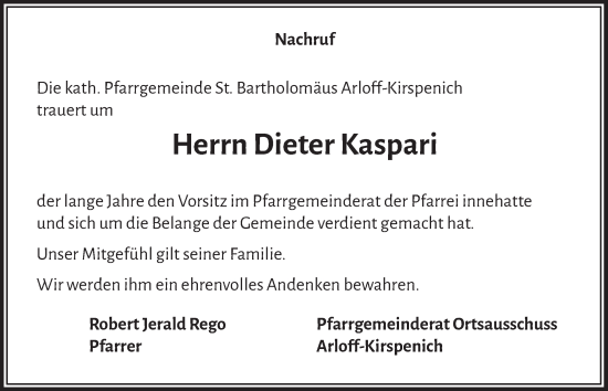 Anzeige von Dieter Kaspari von  Blickpunkt Euskirchen 
