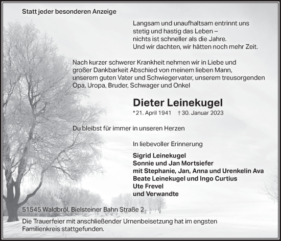 Anzeige von Dieter Leinekugel von  Lokalanzeiger 