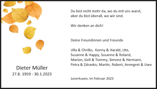 Anzeige von Dieter Müller von Kölner Stadt-Anzeiger / Kölnische Rundschau / Express