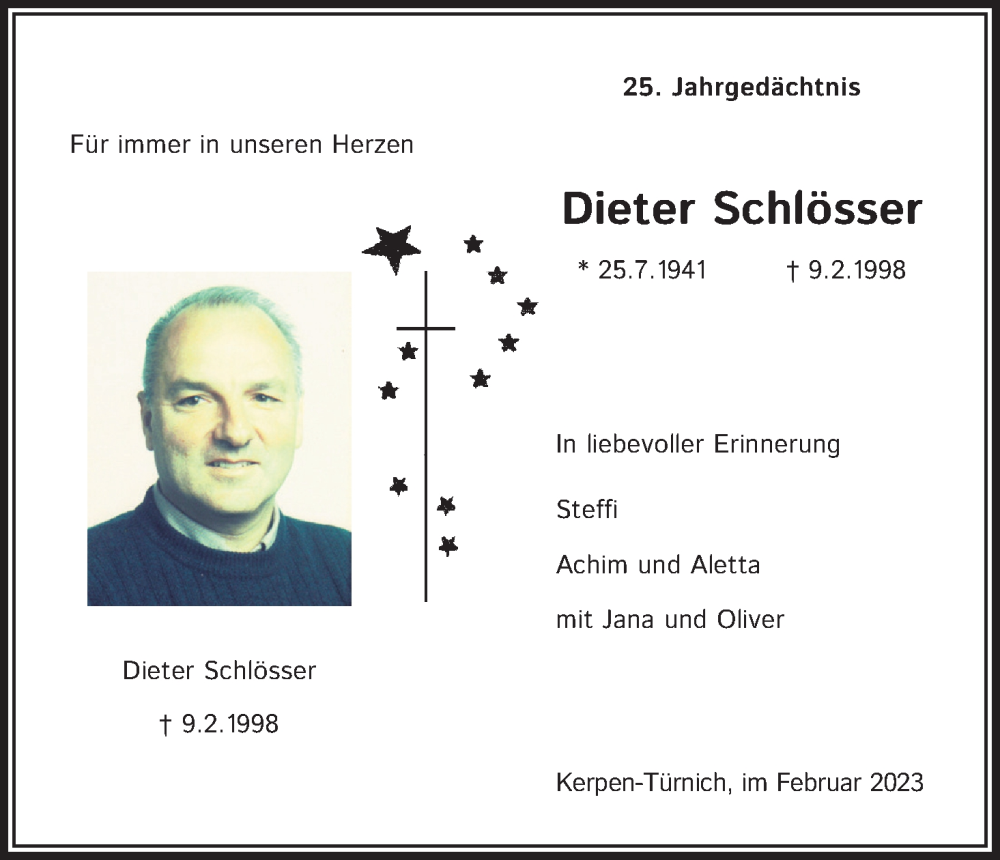  Traueranzeige für Dieter Schlösser vom 09.02.2023 aus Kölner Stadt-Anzeiger / Kölnische Rundschau / Express