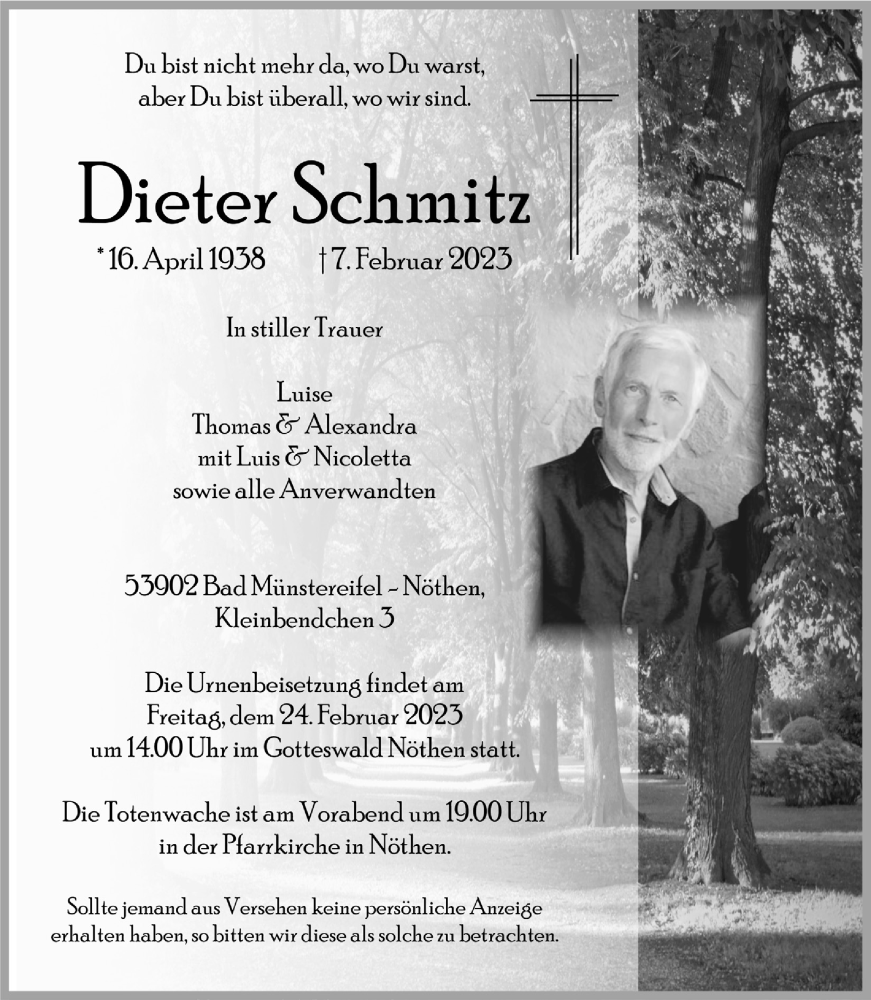  Traueranzeige für Dieter Schmitz vom 18.02.2023 aus  Blickpunkt Euskirchen 