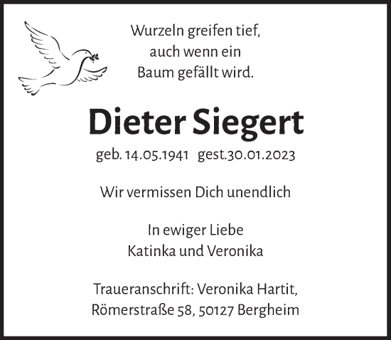Anzeige von Dieter Siegert von  Werbepost 