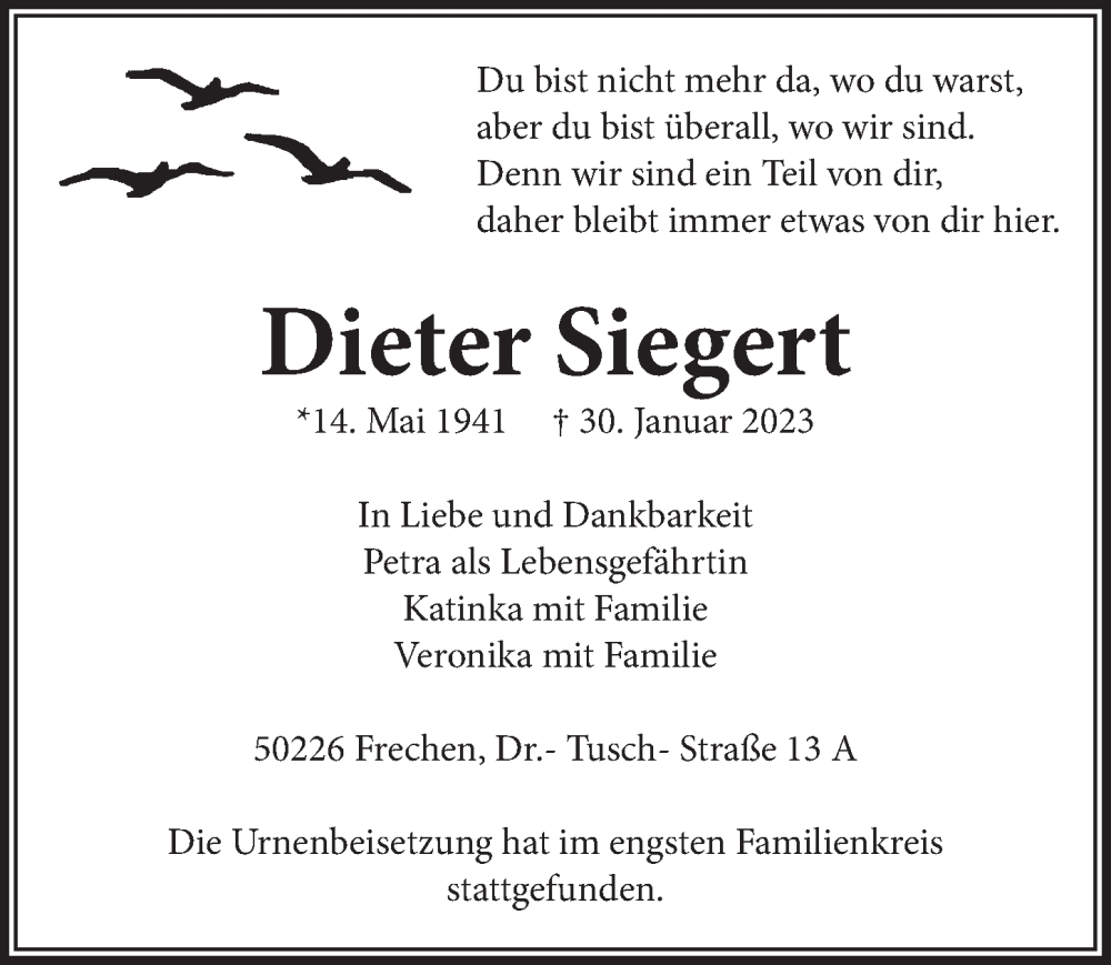  Traueranzeige für Dieter Siegert vom 17.02.2023 aus  Wochenende 