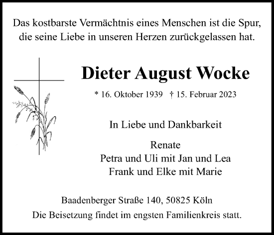 Anzeige von Dieter August Wocke von Kölner Stadt-Anzeiger / Kölnische Rundschau / Express