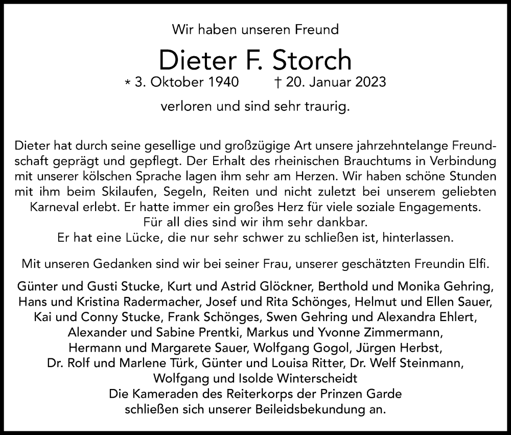  Traueranzeige für Dieter F. Storch vom 04.02.2023 aus Kölner Stadt-Anzeiger / Kölnische Rundschau / Express