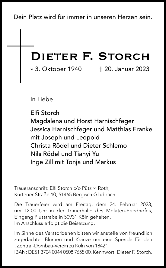 Anzeige von Dieter F. Storch von Kölner Stadt-Anzeiger / Kölnische Rundschau / Express