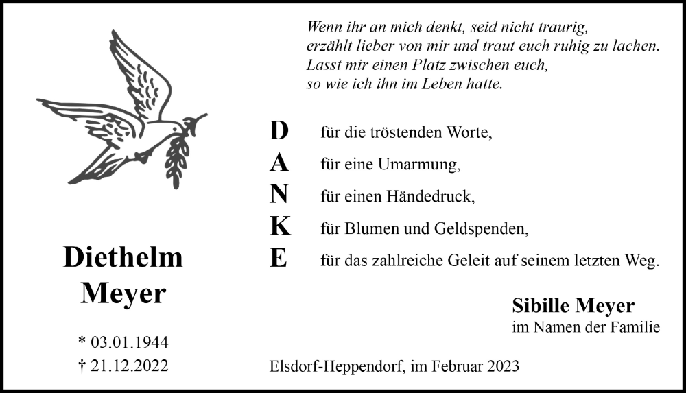  Traueranzeige für Diethelm Meyer vom 10.02.2023 aus  Werbepost 