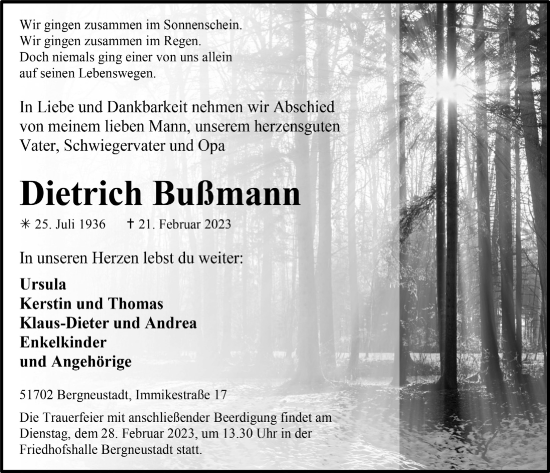 Anzeige von Dietrich Bußmann von  Anzeigen Echo 