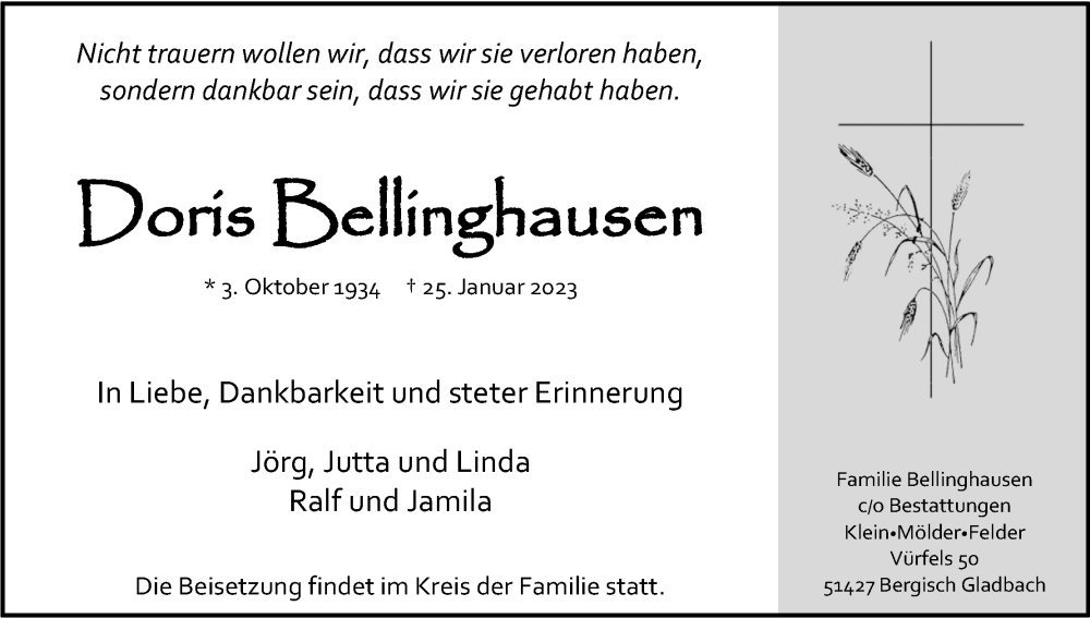  Traueranzeige für Dooris Bellinghausen vom 04.02.2023 aus Kölner Stadt-Anzeiger / Kölnische Rundschau / Express