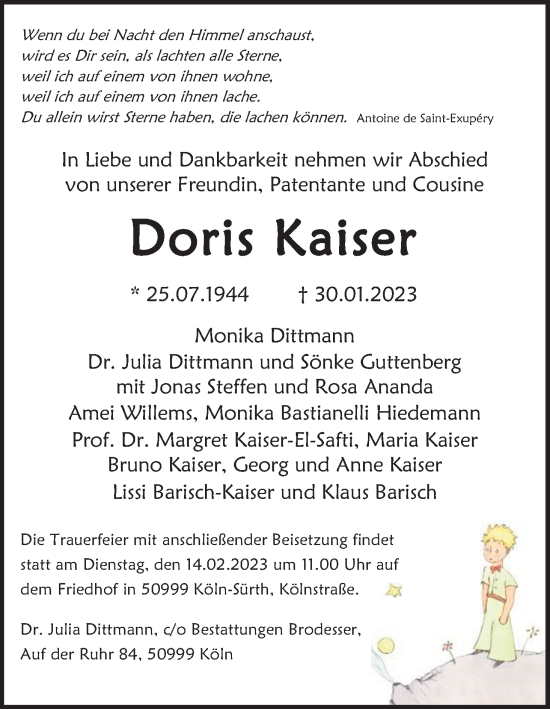 Anzeige von Doris Kaiser von Kölner Stadt-Anzeiger / Kölnische Rundschau / Express