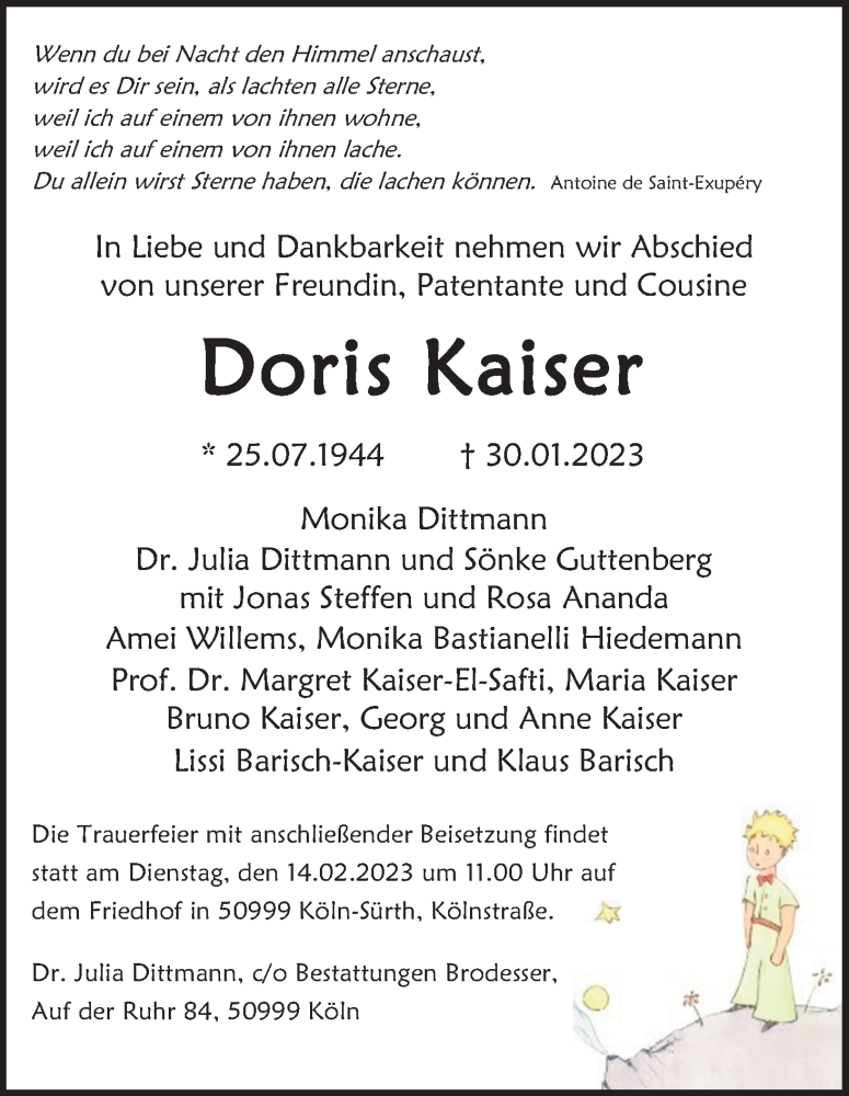  Traueranzeige für Doris Kaiser vom 04.02.2023 aus Kölner Stadt-Anzeiger / Kölnische Rundschau / Express