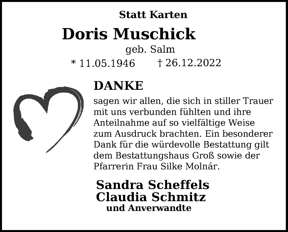 Traueranzeige für Doris Muschick vom 11.02.2023 aus Kölner Stadt-Anzeiger / Kölnische Rundschau / Express