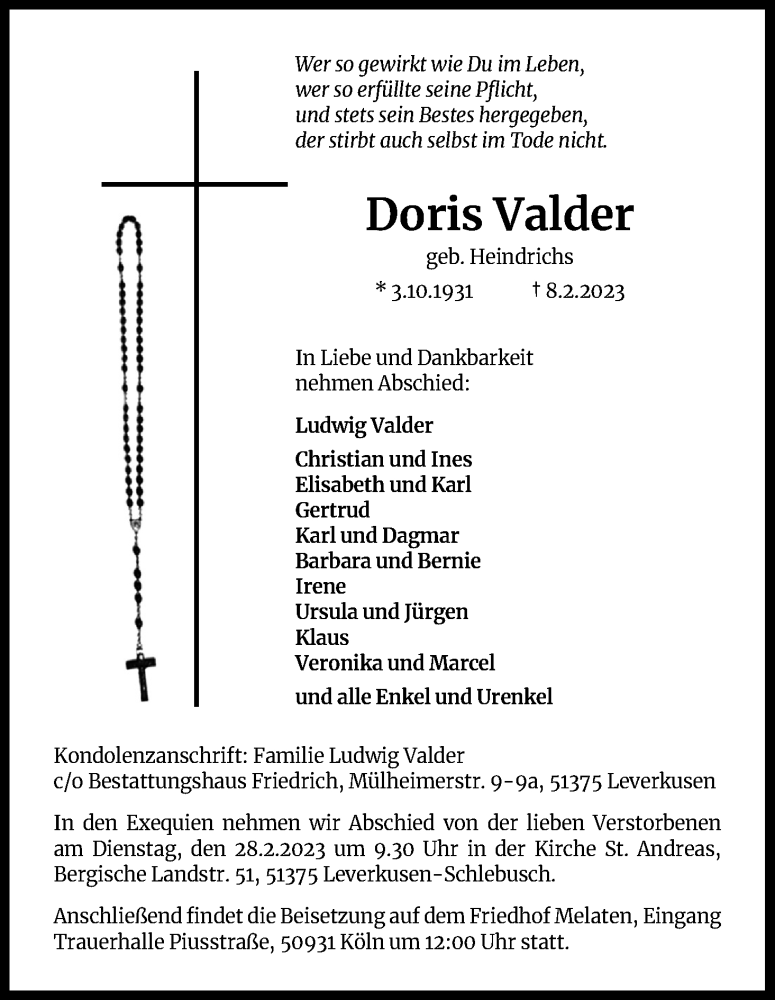  Traueranzeige für Doris Valder vom 18.02.2023 aus Kölner Stadt-Anzeiger / Kölnische Rundschau / Express