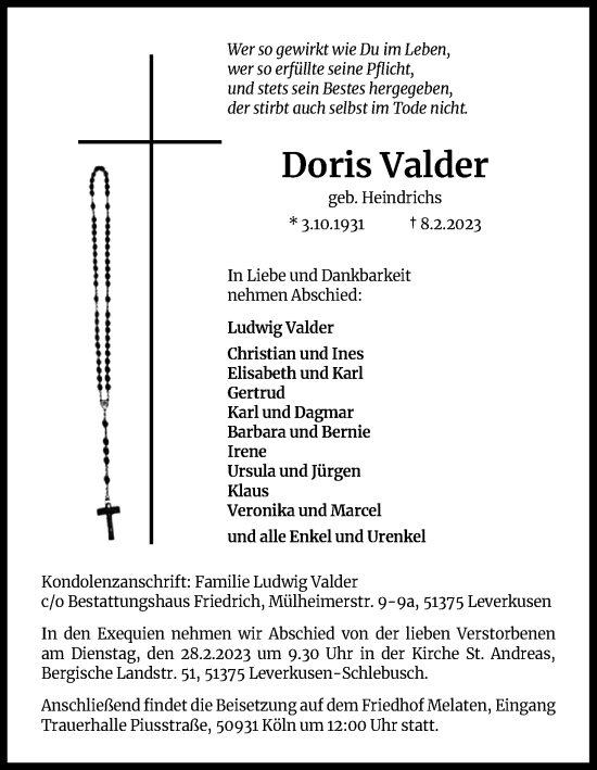 Anzeige von Doris Valder von Kölner Stadt-Anzeiger / Kölnische Rundschau / Express