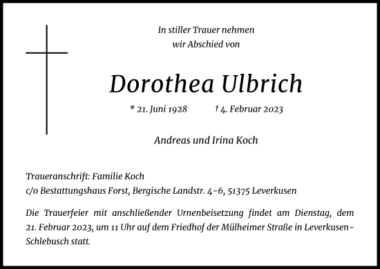 Anzeige von Dorothea Ulbrich von Kölner Stadt-Anzeiger / Kölnische Rundschau / Express