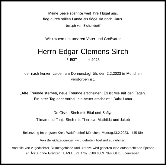 Anzeige von Edgar Clemens Sirch von Kölner Stadt-Anzeiger / Kölnische Rundschau / Express
