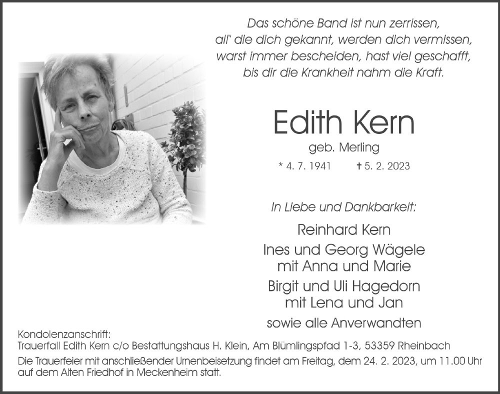  Traueranzeige für Edith Kern vom 17.02.2023 aus  Schaufenster/Blickpunkt 