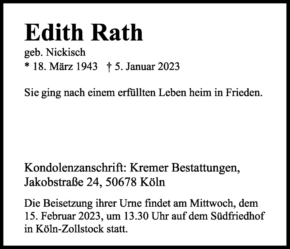  Traueranzeige für Edith Rath vom 04.02.2023 aus Kölner Stadt-Anzeiger / Kölnische Rundschau / Express