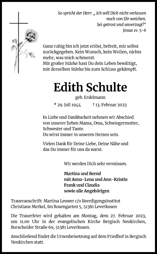 Anzeige von Edith Schulte von Kölner Stadt-Anzeiger / Kölnische Rundschau / Express
