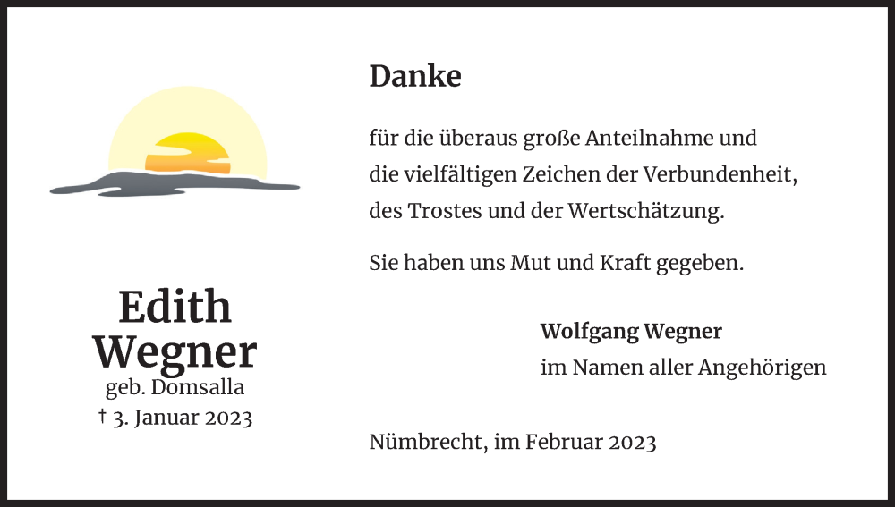  Traueranzeige für Edith Wegner vom 11.02.2023 aus Kölner Stadt-Anzeiger / Kölnische Rundschau / Express