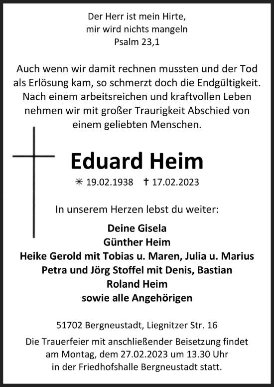 Anzeige von Eduard Heim von  Anzeigen Echo 