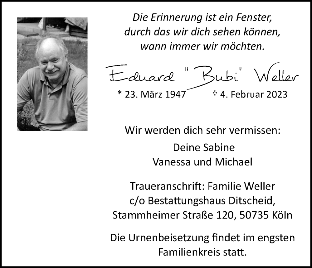  Traueranzeige für Eduard Weller vom 18.02.2023 aus Kölner Stadt-Anzeiger / Kölnische Rundschau / Express