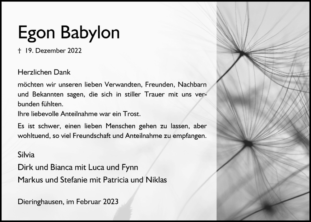  Traueranzeige für Egon Babylon vom 10.02.2023 aus  Anzeigen Echo 