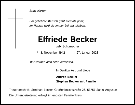 Anzeige von Elfriede Becker von Kölner Stadt-Anzeiger / Kölnische Rundschau / Express