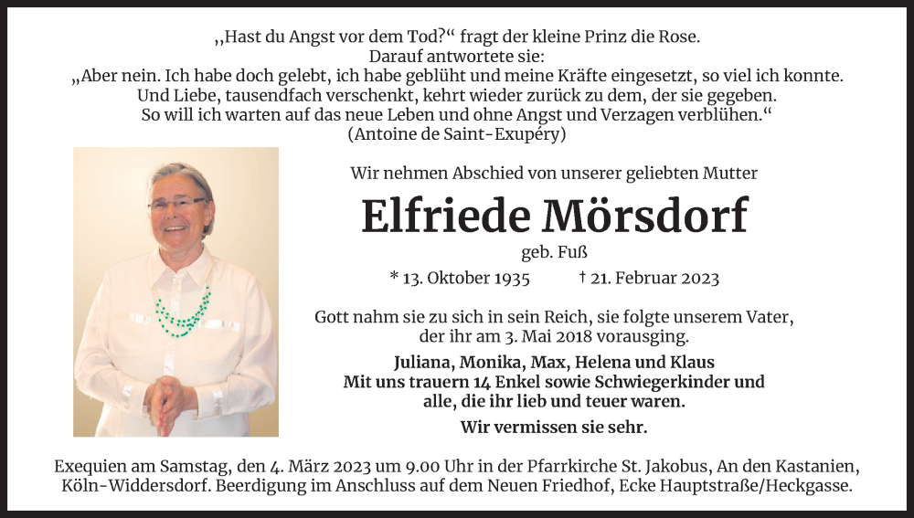  Traueranzeige für Ingo, Elfriede & Monika Mörsdorf vom 01.03.2023 aus Kölner Stadt-Anzeiger / Kölnische Rundschau / Express