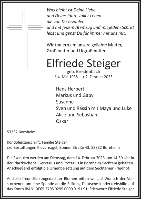Anzeige von Elfriede Steiger von  Schaufenster/Blickpunkt  Schlossbote/Werbekurier 