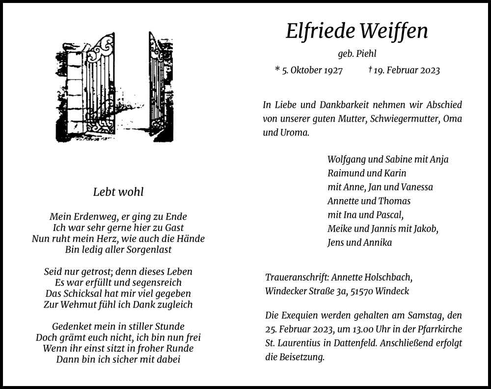  Traueranzeige für Elfriede Weiffen vom 22.02.2023 aus Kölner Stadt-Anzeiger / Kölnische Rundschau / Express
