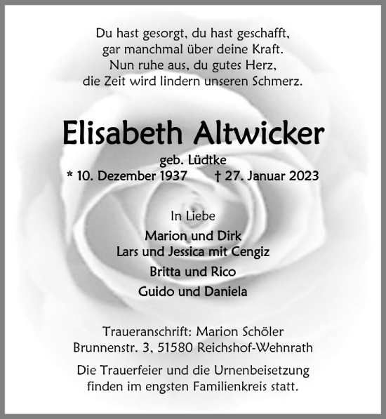 Anzeige von Elisabeth Altwicker von  Anzeigen Echo 