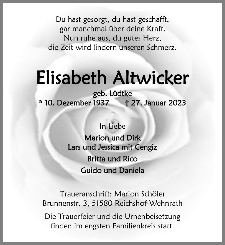  Traueranzeige für Elisabeth Altwicker vom 03.02.2023 aus  Anzeigen Echo 