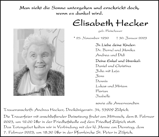 Anzeige von Elisabeth Hecker von  Blickpunkt Euskirchen 