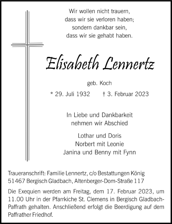 Anzeige von Elisabeth Lennertz von  Bergisches Handelsblatt 
