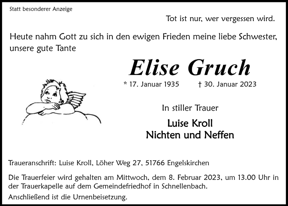  Traueranzeige für Elise Gruch vom 03.02.2023 aus  Anzeigen Echo 