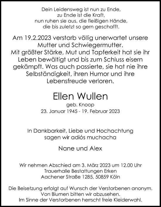 Anzeige von Ellen Wullen von Kölner Stadt-Anzeiger / Kölnische Rundschau / Express