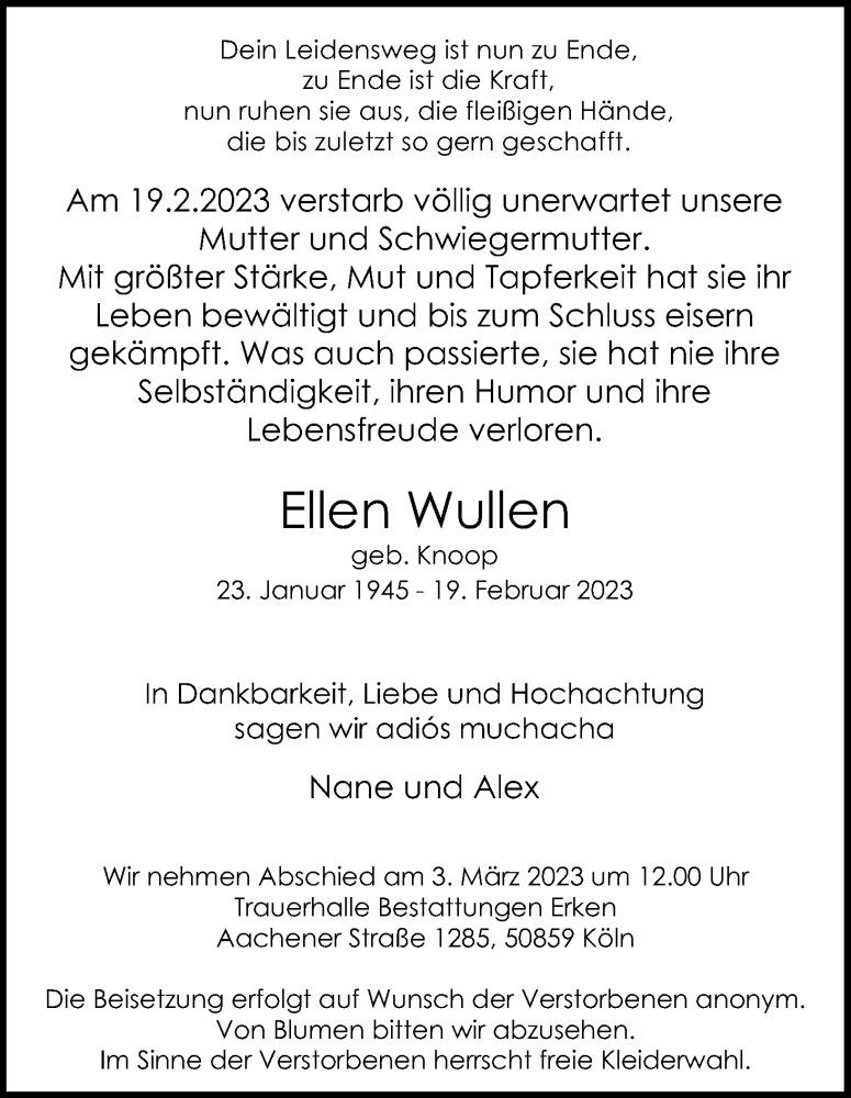  Traueranzeige für Ellen Wullen vom 25.02.2023 aus Kölner Stadt-Anzeiger / Kölnische Rundschau / Express