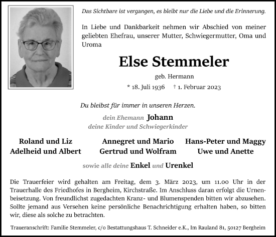 Anzeige von Else Stemmeler von  Werbepost 