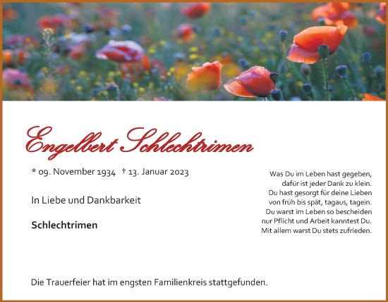 Anzeige von Engelbert Schlechtrimen von Kölner Stadt-Anzeiger / Kölnische Rundschau / Express