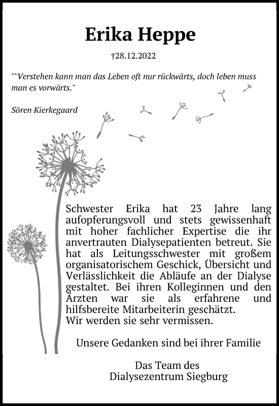 Anzeige von Erika Heppe von Kölner Stadt-Anzeiger / Kölnische Rundschau / Express