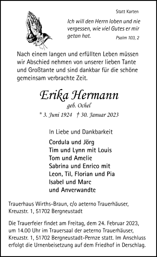 Anzeige von Erika Hermann von  Anzeigen Echo 