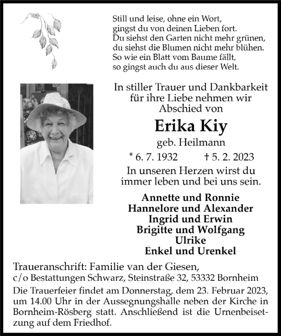 Anzeige von Erika Kiy von  Schaufenster/Blickpunkt  Extra Blatt 