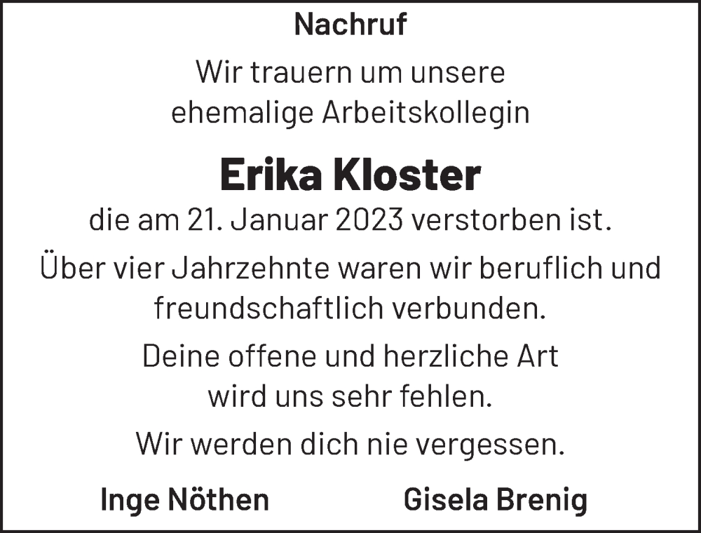  Traueranzeige für Erika Kloster vom 11.02.2023 aus  Blickpunkt Euskirchen 